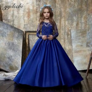 Elegant Royal Blue Lace Appliques A-Line Flower Girl Dress For Wedding 2025 Satin Long Sleeves O-Neck Kids First Communion Gowns