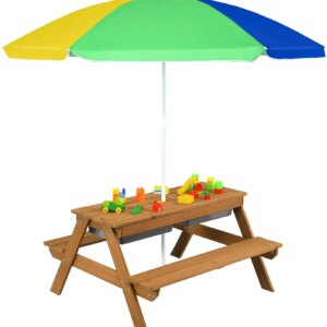 Kids Picnic Table, 3-in-1 Toddler Picnic Table with Height Adjustable Umbrella, Kids Outdoor Table with Detachable Tabletop & Re