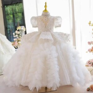 Customized Luxury Glitter Pearls Beaded Flower Girl Dresses For Wedding Shiny Sequins Appliques Princess First Communion Gowns