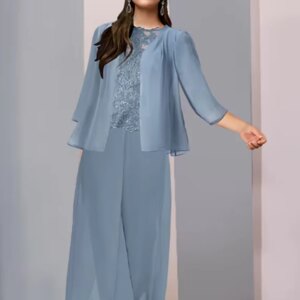 Blue Casual Mother of the Bride Dress Elegant Floor-Length Lace Chiffon Half-Sleeve Wide-Waist Floral Jacket customized