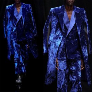 Newest Velvet 3 Pieces Men Suits Set Royal Blue Wedding Formal Long Overcoat+Blazer+Pants Custom Made Prom Dress Groom Tuxedo