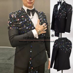 Exclusive Groom Wedding Suits Rhinestones Beaded Prom Blazer Customized Double Breasted Men’s Tuxedo Formal Party Dress 2-Piece