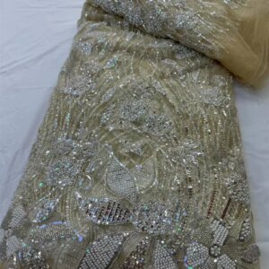 OLOEY High Quality Handmade African Lace Fabric with Beads And Sequins for Wedding Dresses And Parties Latest Fashion Trend
