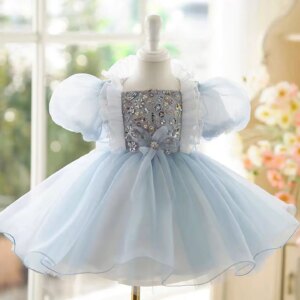 Jill Wish Blue Arabic Flower Girl Dress Square Collar Sequined Princess for Kids Wedding 1st Birthday Holiday Party Gown J493