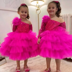 Dreamy Vow Stunning Girl Dress One Shoulder Tulle Sequined Ruffled Toddler 1st Birthday Party Spring Knee Length Ball Gown J238