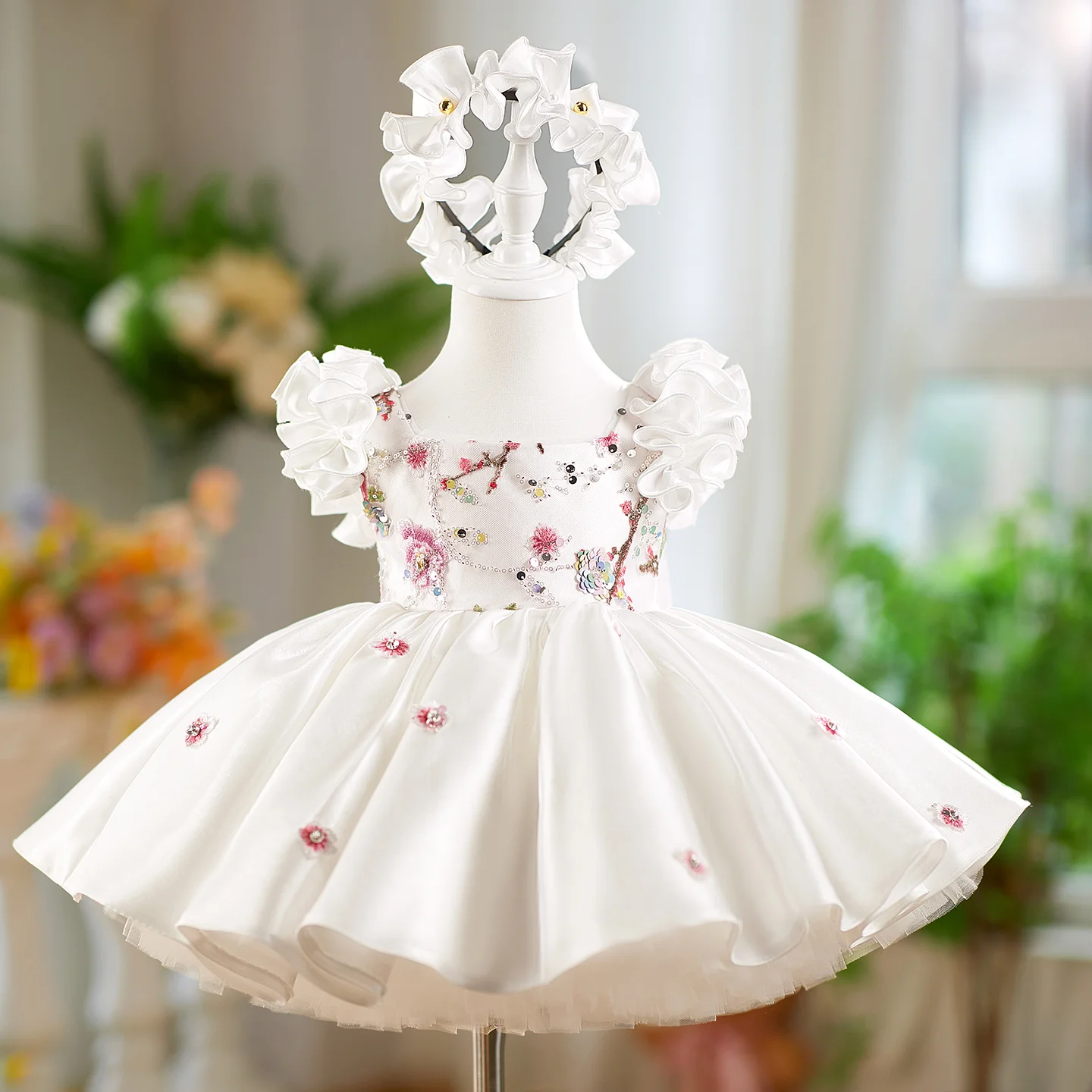 Dreamy Vow Elegant Dubai White Girl Dress 3D Flowers with Hairband for Kids Wedding Birthday Communion Party Pageant 2025 J026