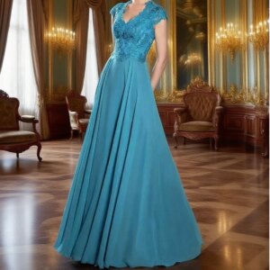 Mother of the Bride Dresses V Neck Capped Sleeve Lace Appliques A Line Evening Gowns Floor Length Wedding Guest Dress