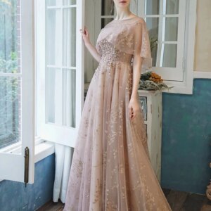 Champagne Pink Evening Dress With Shawl Sleeves Shiny Lace Appliques Beading A-Line Formal Party Celebrity Bridesmaid Prom Dress