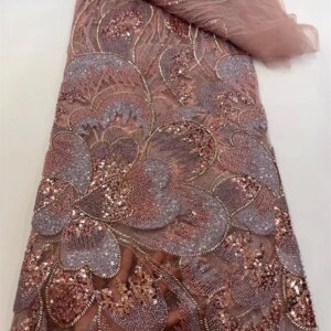 Latest African Nigerian Groom Sequins Beads Lace Fabric 2025 gold High Quality French Tulle Lace Fabric For Bridal Dress W669-1