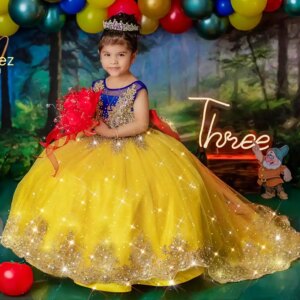Princess Gold Flower Girl Dresses Customized Bow Kids Princess Gown Birthday Party Gowns Quinceanera Litter Girl’s Pageant Dress