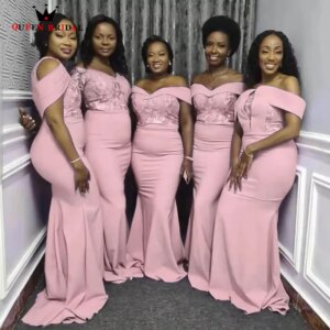 Pink Mermaid Bridesmaid Dresses For Women 2023 Off the Shoulder Shiny Lace Appliques For Wedding Party Dress Custom Made YM05