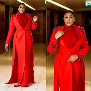 Plus Size Red Long Blazer Dress Pearls Beading V Neck Jacket Prom Birthday Party Evening Guest Formal Wear Custom Made 2 Pieces