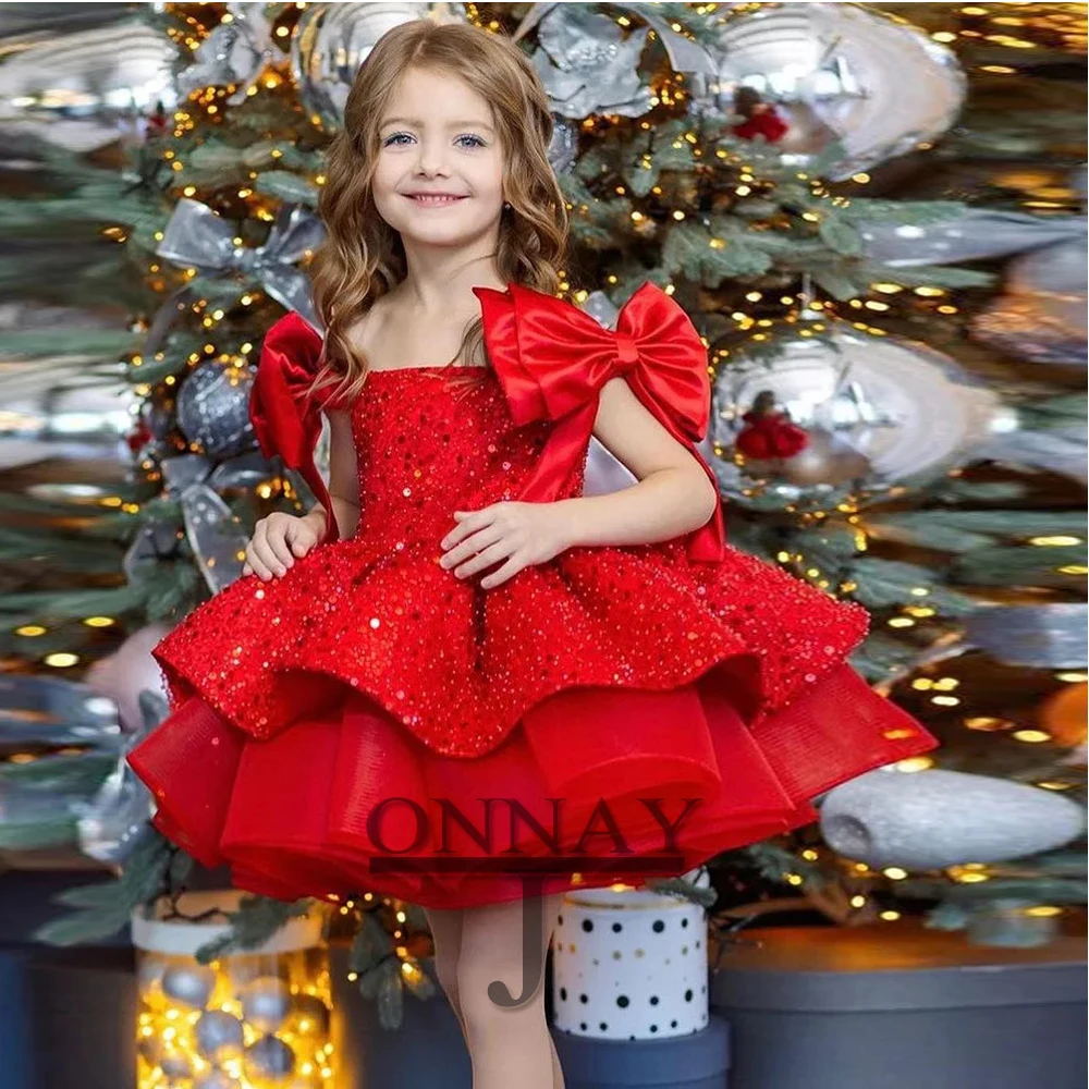 JONANY Charming Bling Bow Flower Girl Dress Layered Made To Order Birthday Pageant Communion Robe De Demoiselle Baby Party