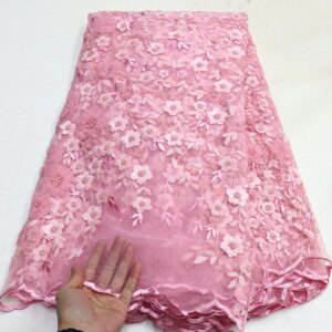 3D Flowers Beaded Embroidery Lace Fabric High Quality Pearl Design Lace 5 Yards Women Beaded Tulle Lace Wedding Dress Material