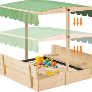 Sandbox with Lid,Kids Sandbox with Cover Outdoor,Wooden Sand Box with 2 Foldable Bench Seats,Adjustable UV-Resistant Roof & Bott