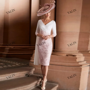 Customized Three Quarters Sleeve Mother Of The Bride Dresses Knee Length Lace Sheath Prom Dressses Pink Wedding Guest Gown