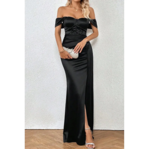 QueensLove Bridesmaid Dress Black A-Line Evening Prom Dress Off the Shoulder High Split Satin Dress Customize