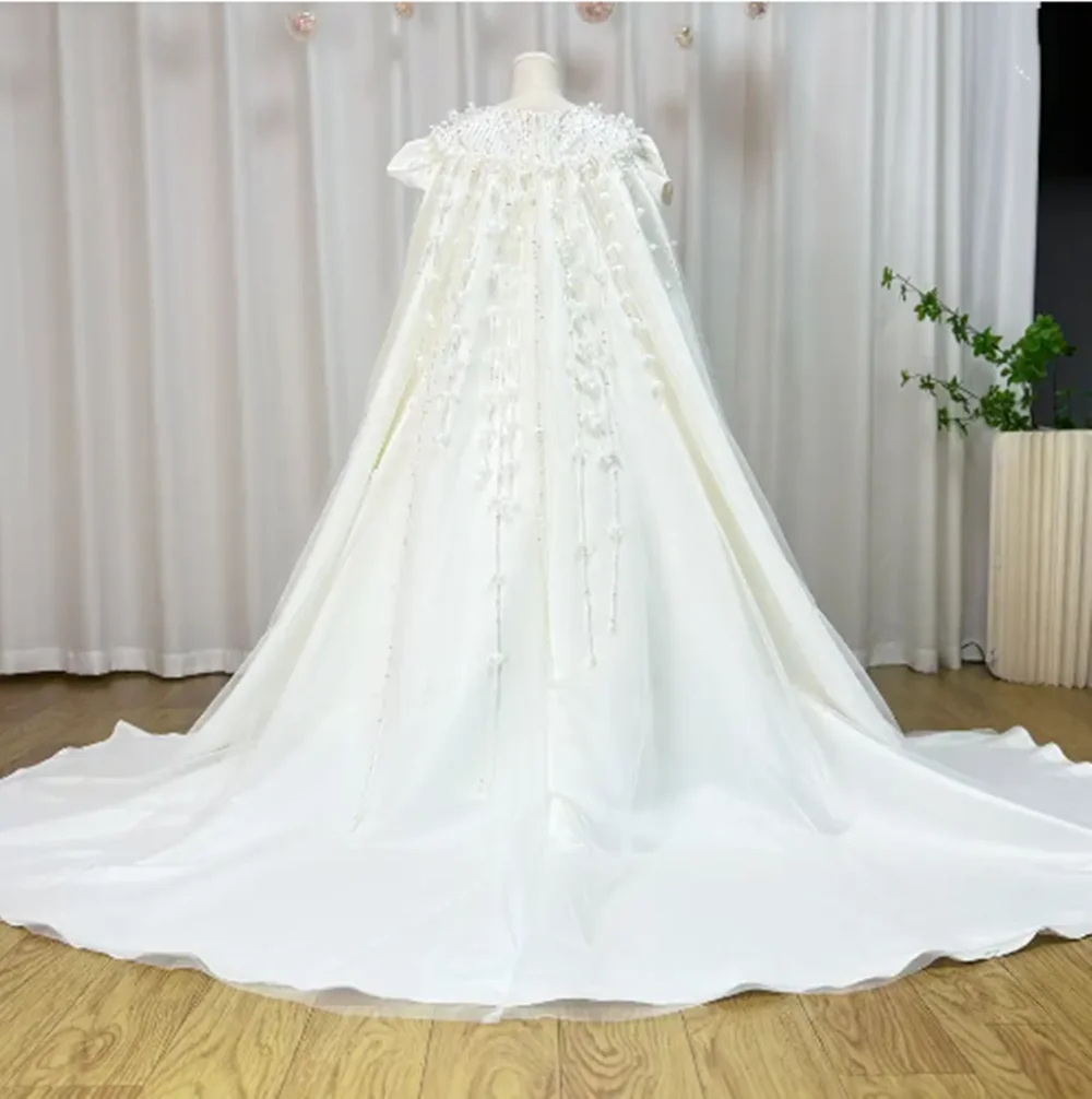 Luxury White Dubai Girl Dress Beaded Pearls Satin Arabic Princess Kids Wedding Birthday Party Long Ball Gown