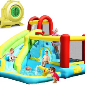 Inflatable Water Slide with 735W Blower, Water Park Waterslide Inflatables w/Jumping Bouncy Castle, Long Slide, Climbing Wall