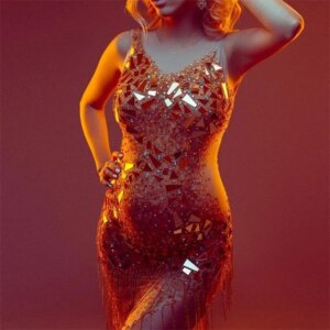 Sexy Tassel Maternity Photography Dress Golden Rhinestone Mirror Glitter Gown Side Slit Pregnant Woman Photography Props