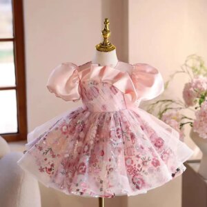 Jill Wish Sequins Pink Girl Dress Knee Length Lace Puffy Sleeve Arabic Princess Kids Wedding 1st Birthday Party Ball Gowns J499