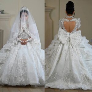 Luxury Flower Girl Dress For Wedding Applique Crystal Pearls Lace With Bow Princess Beauty Pageant First Communion Ball Gowns
