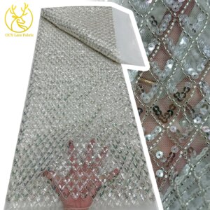 White African Beaded Lace Fabric 2025 Fashion French Sequins Nigerian Bridal Dresses Mesh Lace Fabric For Women Wedding Party