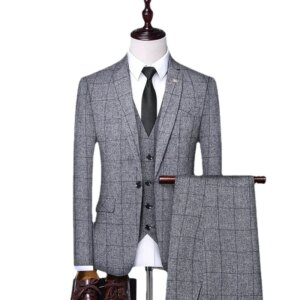 Men’s three piece checkered casual Korean groom’s wedding dress set