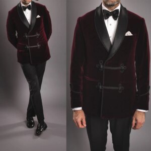 Burgundy Velvet Men’s Tuxedos 2 Pcs Plus Size Wedding Blazer Jacket Sets Formal Wear Shawl Lapel Double Breasted Customized