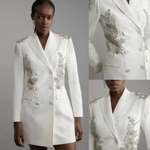 Hand Made Beading Women Long Blazer Celebrity Lady Double Breasted Evening Party Wedding Formal Guest Wear Customized