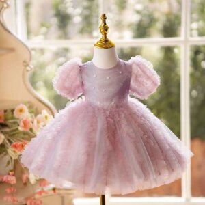 Dreamy Vow Adorable O-Neck Applique Tulle Flower Girl Dress Short Sleeve Eid al-Fitr Wedding Birthday Communion Ball Gown J795