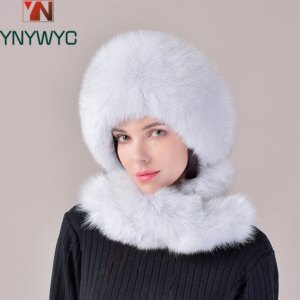 2025 New Women’s Real Fox Fur Hat Scarf Mongolian Bomber Hat Ladies Winter Warm Fox Fur Earflap Caps Russia Winter Real Fur Hat