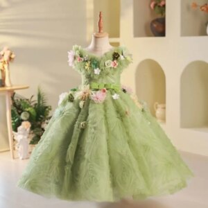 Jill Wish Luxury Dubai Sage Green Girl Dresses Pearls Handmade Flowers Princess Gown for Kids Birthday Wedding Party Show J086