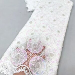 African Lace Fabric 5 Yards High Quality 2025 White Lace Fabric With Sequins Stone Embroidery Luxury Nigerian Party Dress A944-1