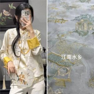 New Chinese pavilion silk organza heavy industry embroidery dress fabric coat vest