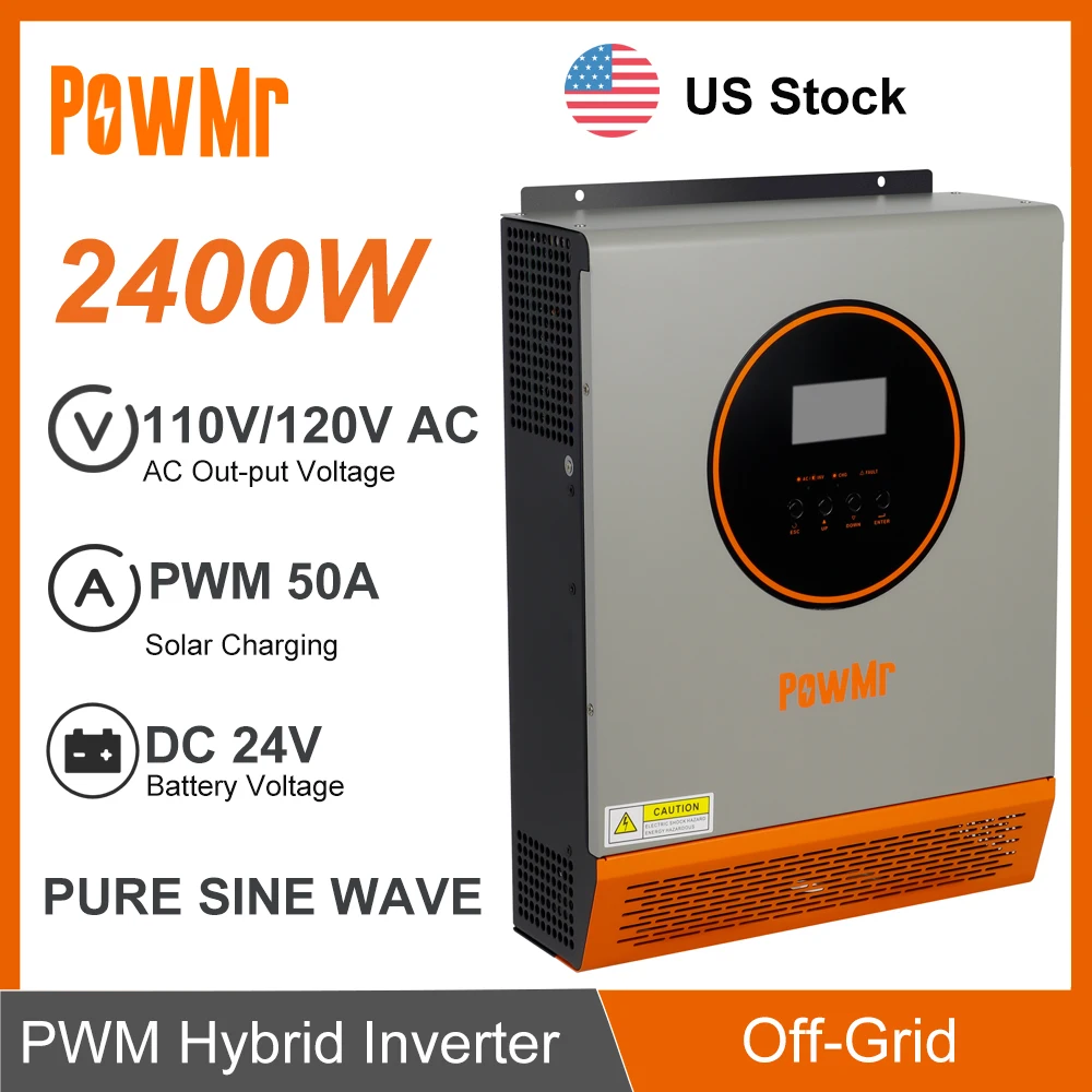 US Stock 3KVA 2.4KW Solar Hybrid Inverter 24V Dc To 110V/120V With 50A PWM Charge Controller Off-Grid Pure Sine Wave Inversor