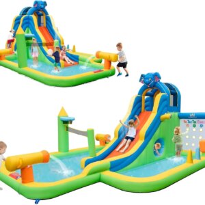 Inflatable Water Slide Park, 12.5×15.5FT Kids Waterslide for Outdoor with Splash Pool, Tic Tac Toe, Hide&Seek Cave, Blow up Wate