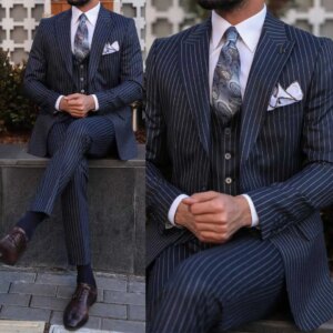 Wedding Suit for Man Navy Blue Striped 2 Pieces Casual Jacket Pant Formal Occasions Business Party Suits for Men Customized