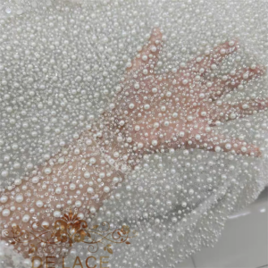 JZQ Luxury High Density Pearl Bridal Lace Fabric Machine  Beaded Wedding Dress Lace for Women’s Dresses