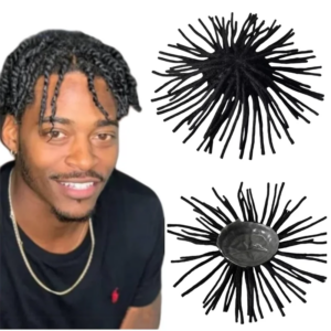 Chinese Virgin Human Hair Replacement 1# Jet Black Color 8 inches Dreadlocks Knots PU Men Toupee 8×10 Skin Unit  for Black Men