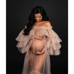 NEW See Through Maternity Women Dresses Tiered Tulle Off Shoulder Sheer Maternity Photography Dress Baby Shower