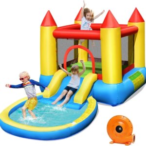Inflatable Water Slide Bounce House with Ball Pit & Splash Pool, Bouncy Jump Castle for Kids Backyard Fun with 480w Blower, Blow