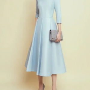 A-Line Simple Solid Color Tea-Length Three Quarter Bateau Neck Mother of the Bride Dress Wedding Guest