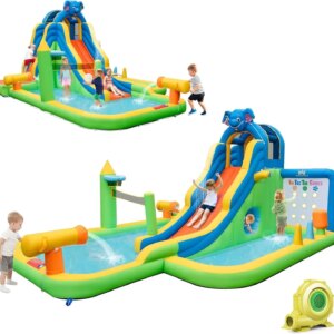 Inflatable Water Slide Park, 12.5×15.5FT Kids Waterslide for Outdoor w/Splash Pool, Tic Tac Toe, Hide&Seek Cave, 735w Blower