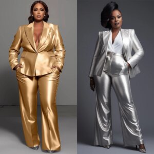 Shiny Golden Silver Women Pants Suits 2 Pieces Plus Size Blazer & Pants Customized Formal Evening Party Office Lady Outfit