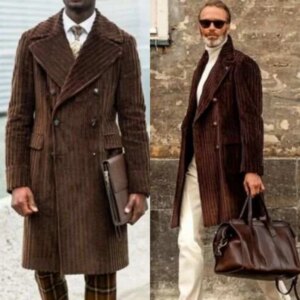 Classic Men Long Coat Double Breasted Corduroy Business Blazers Peaked Lapel Winter Warm Plus Size Overcoat Customized