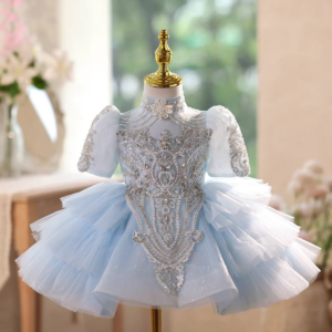 Jill Wish Luxury Blue Flower Girl Dress Beading High Neck Princess Toddler Kids Wedding 1st Birthday Pageant Party Gown J567