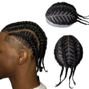 Malaysian Virgin Human Hairpieces #1 Black Color Fishbone Cornrow Braids BIO Toupee 8×10 Front Lace with PU Units for Black Men