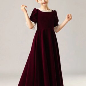 High Quality Customization O-Neck Short Sleeves Flower  For Girl Elegant Velvet A-LINE Floor-Length Evening Dresses For Wedding