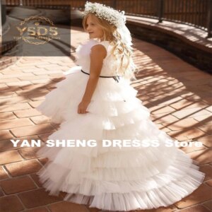 Luxury Princess Flower Girl Dress Flower Pleat High Neck Sleeve Ankle Length Elegant Formal First Communion Gown Customized
